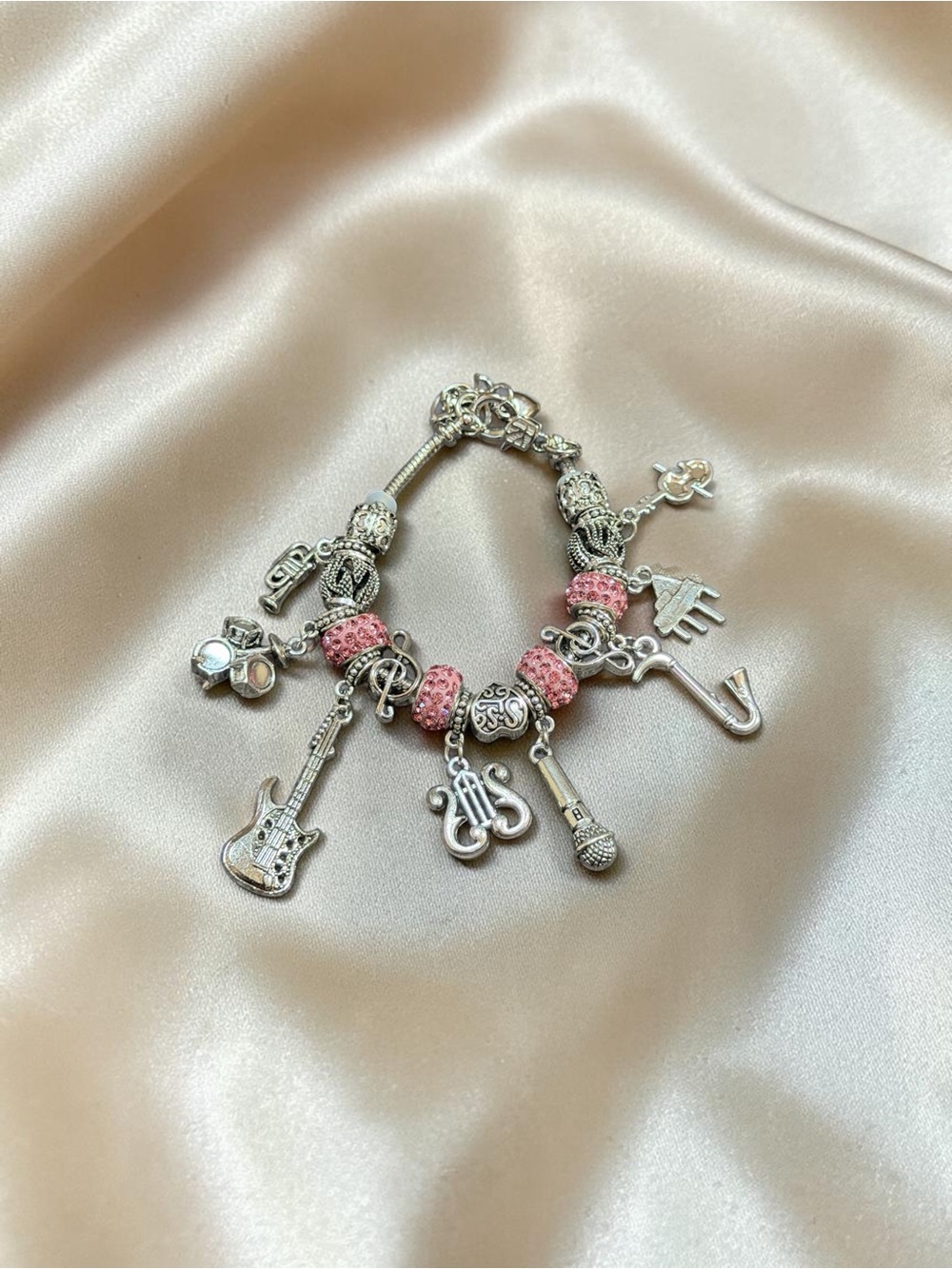 Sterling Silver Music Charm Bracelet with Pink Beads